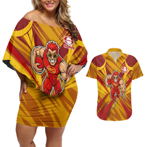 Gold Coast Suns Australian Football Couples Matching Off Shoulder Short Dress and Hawaiian Shirt Heroic Solar Mascot - Bold Team Colors