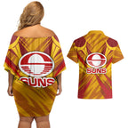 Gold Coast Suns Australian Football Couples Matching Off Shoulder Short Dress and Hawaiian Shirt Heroic Solar Mascot - Bold Team Colors