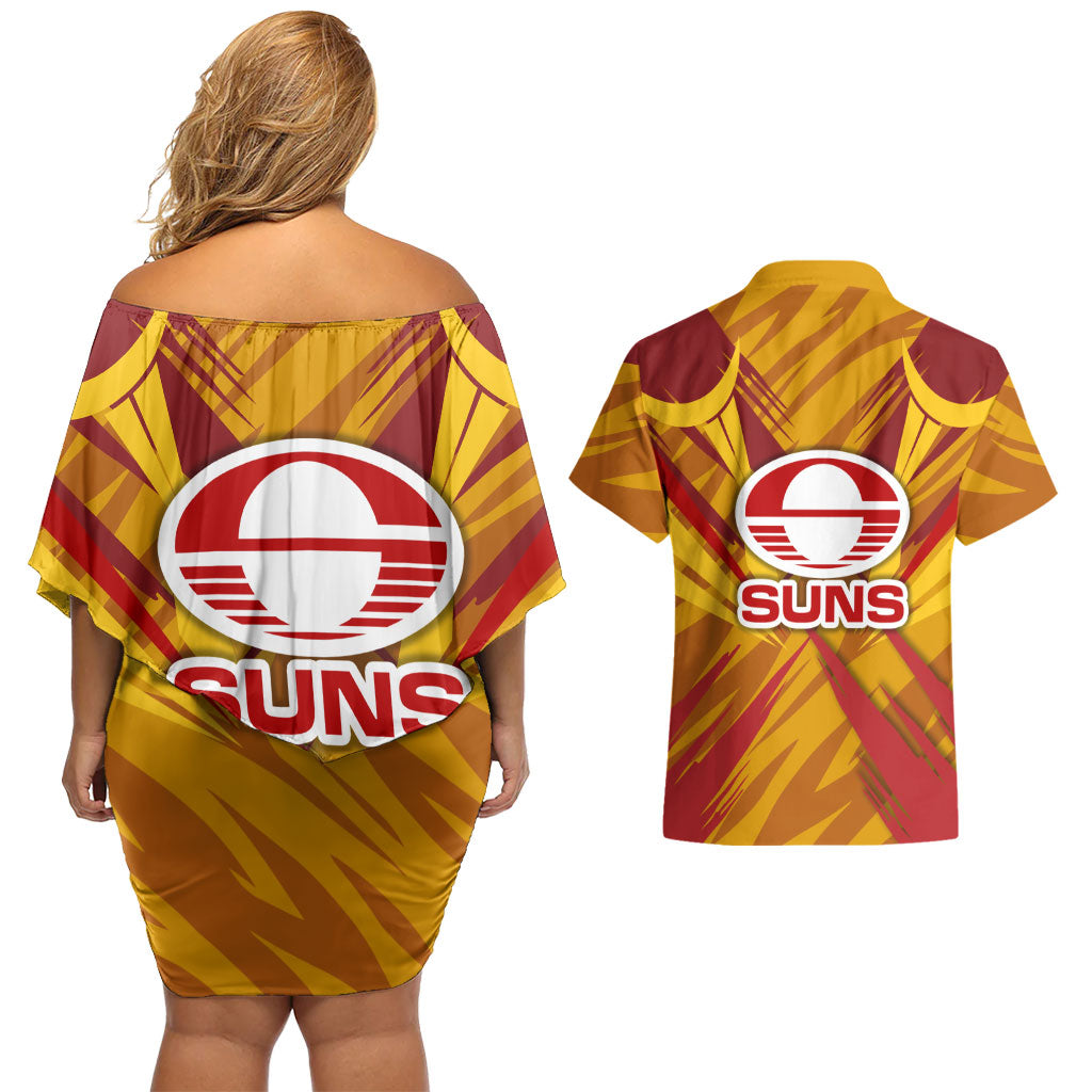 Gold Coast Suns Australian Football Couples Matching Off Shoulder Short Dress and Hawaiian Shirt Heroic Solar Mascot - Bold Team Colors