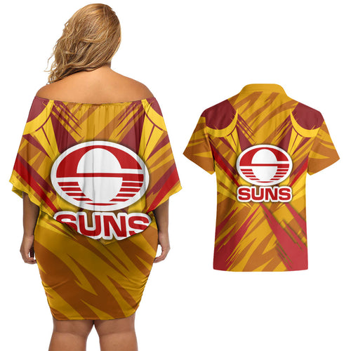Gold Coast Suns Australian Football Couples Matching Off Shoulder Short Dress and Hawaiian Shirt Heroic Solar Mascot - Bold Team Colors