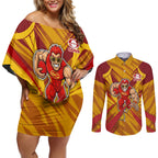 Gold Coast Suns Australian Football Couples Matching Off Shoulder Short Dress and Long Sleeve Button Shirt Heroic Solar Mascot - Bold Team Colors