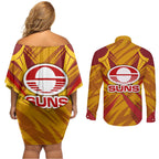 Gold Coast Suns Australian Football Couples Matching Off Shoulder Short Dress and Long Sleeve Button Shirt Heroic Solar Mascot - Bold Team Colors