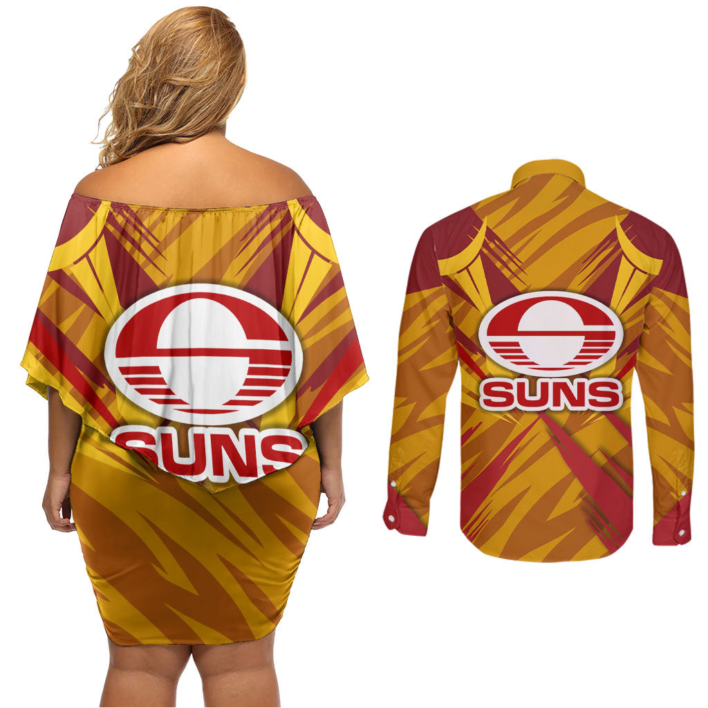 Gold Coast Suns Australian Football Couples Matching Off Shoulder Short Dress and Long Sleeve Button Shirt Heroic Solar Mascot - Bold Team Colors