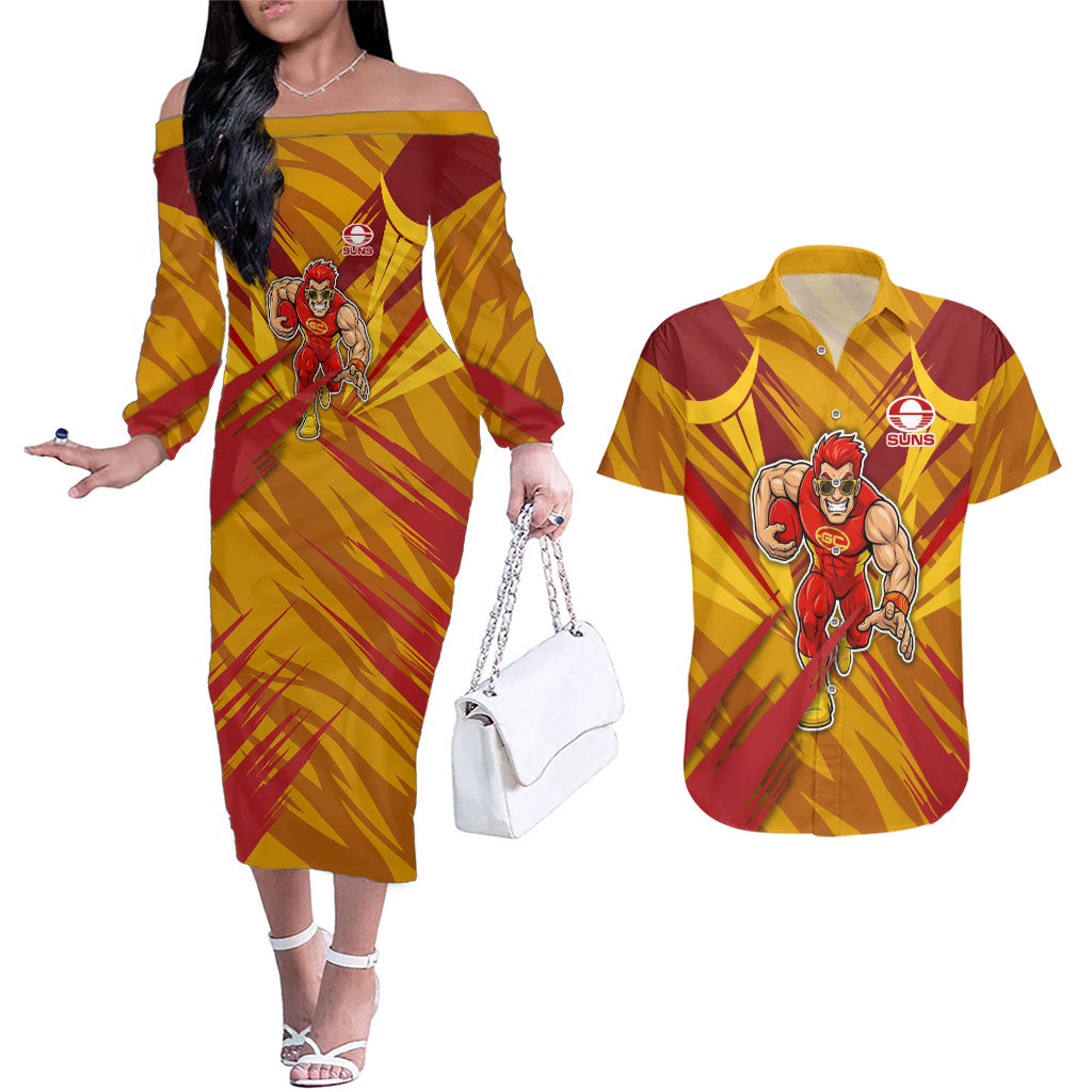 Gold Coast Suns Australian Football Couples Matching Off The Shoulder Long Sleeve Dress and Hawaiian Shirt Heroic Solar Mascot - Bold Team Colors