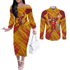 Gold Coast Suns Australian Football Couples Matching Off The Shoulder Long Sleeve Dress and Long Sleeve Button Shirt Heroic Solar Mascot - Bold Team Colors