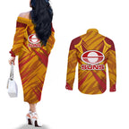 Gold Coast Suns Australian Football Couples Matching Off The Shoulder Long Sleeve Dress and Long Sleeve Button Shirt Heroic Solar Mascot - Bold Team Colors