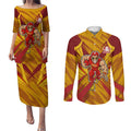 Gold Coast Suns Australian Football Couples Matching Puletasi and Long Sleeve Button Shirt Heroic Solar Mascot - Bold Team Colors