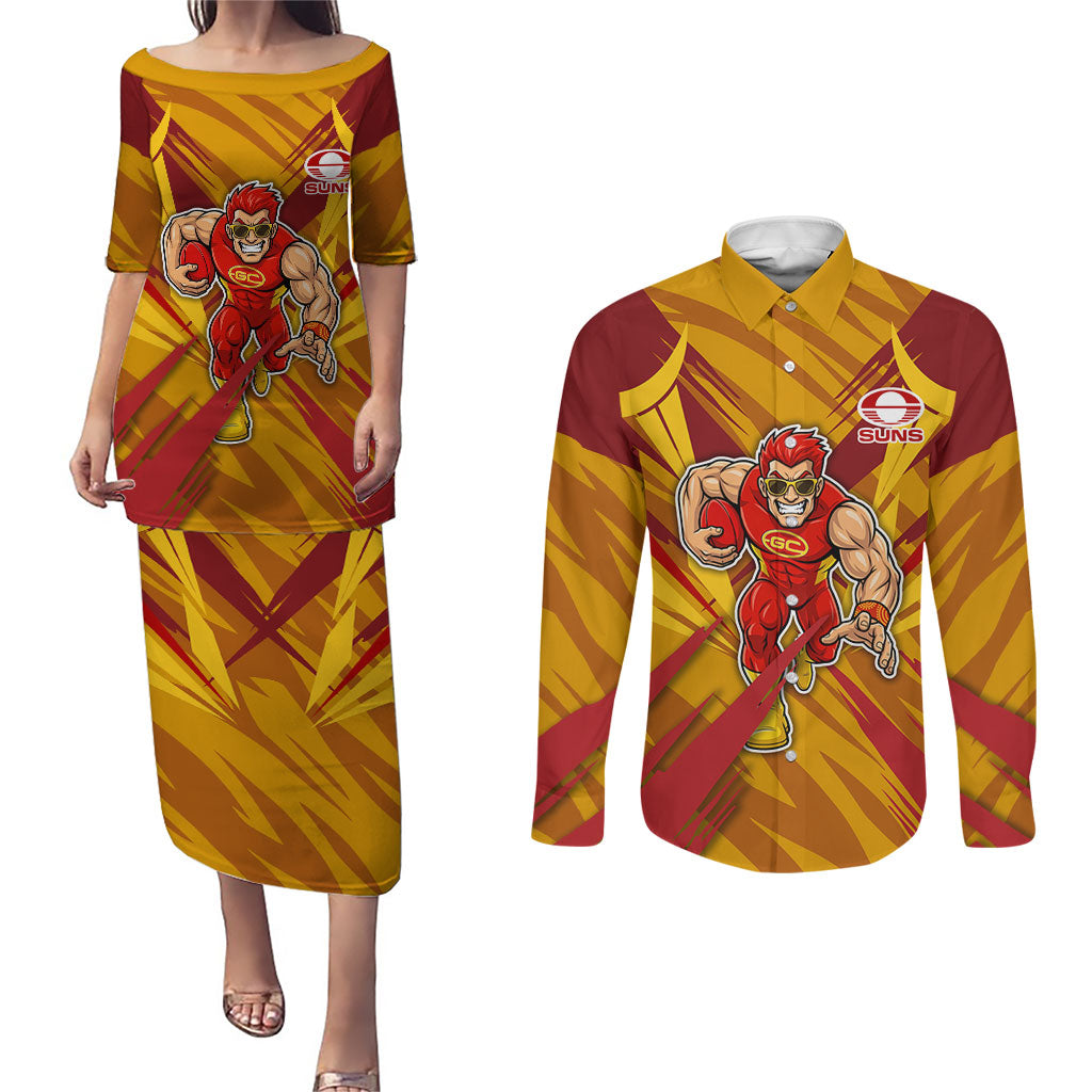 Gold Coast Suns Australian Football Couples Matching Puletasi and Long Sleeve Button Shirt Heroic Solar Mascot - Bold Team Colors