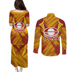 Gold Coast Suns Australian Football Couples Matching Puletasi and Long Sleeve Button Shirt Heroic Solar Mascot - Bold Team Colors