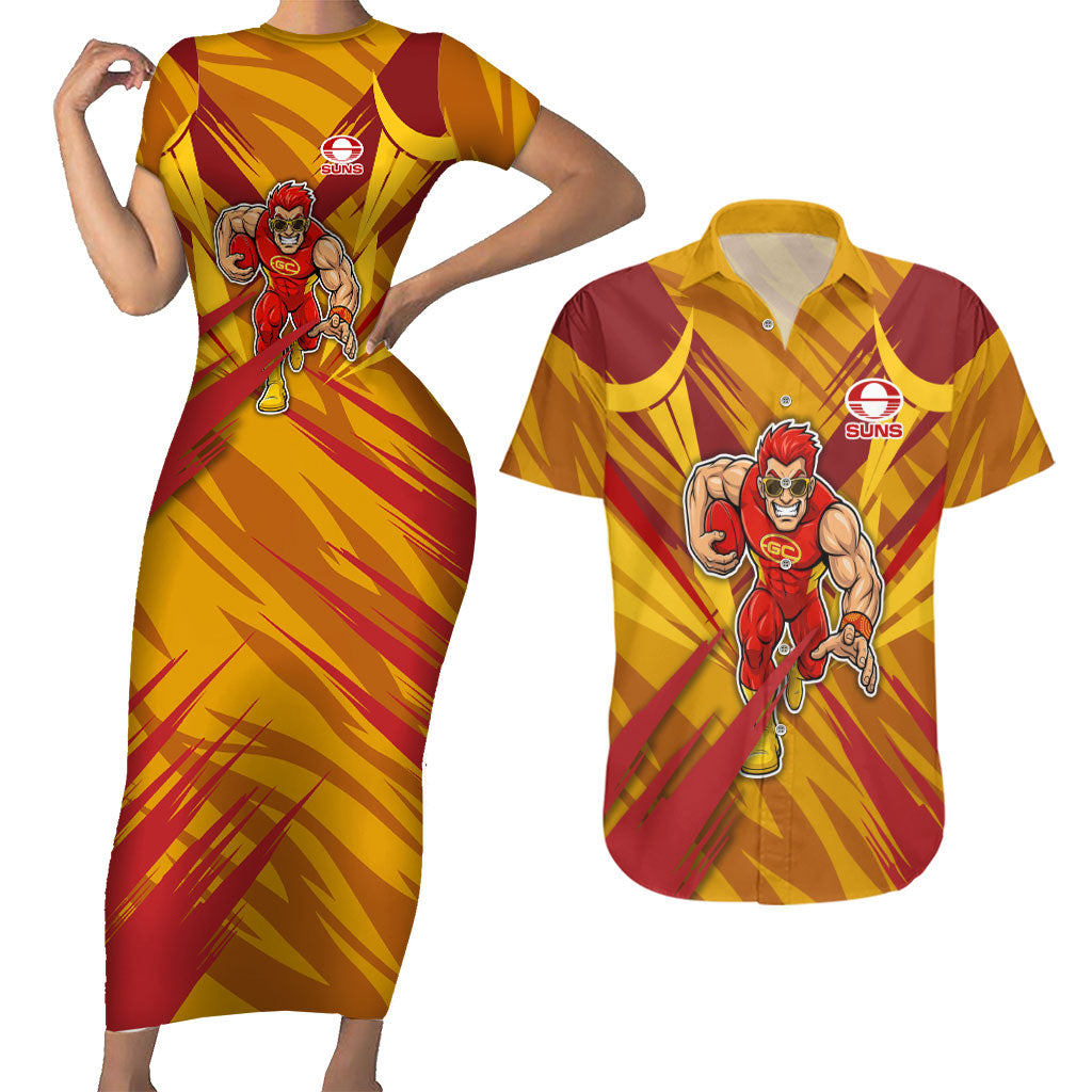 Gold Coast Suns Australian Football Couples Matching Short Sleeve Bodycon Dress and Hawaiian Shirt Heroic Solar Mascot - Bold Team Colors