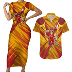 Gold Coast Suns Australian Football Couples Matching Short Sleeve Bodycon Dress and Hawaiian Shirt Heroic Solar Mascot - Bold Team Colors