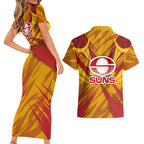 Gold Coast Suns Australian Football Couples Matching Short Sleeve Bodycon Dress and Hawaiian Shirt Heroic Solar Mascot - Bold Team Colors