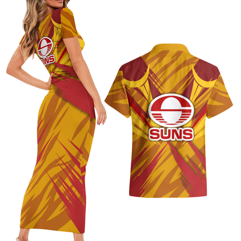 Gold Coast Suns Australian Football Couples Matching Short Sleeve Bodycon Dress and Hawaiian Shirt Heroic Solar Mascot - Bold Team Colors