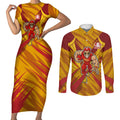 Gold Coast Suns Australian Football Couples Matching Short Sleeve Bodycon Dress and Long Sleeve Button Shirt Heroic Solar Mascot - Bold Team Colors