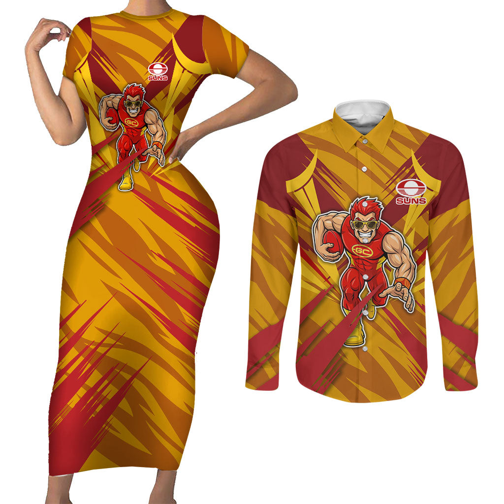 Gold Coast Suns Australian Football Couples Matching Short Sleeve Bodycon Dress and Long Sleeve Button Shirt Heroic Solar Mascot - Bold Team Colors