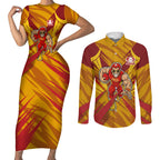 Gold Coast Suns Australian Football Couples Matching Short Sleeve Bodycon Dress and Long Sleeve Button Shirt Heroic Solar Mascot - Bold Team Colors