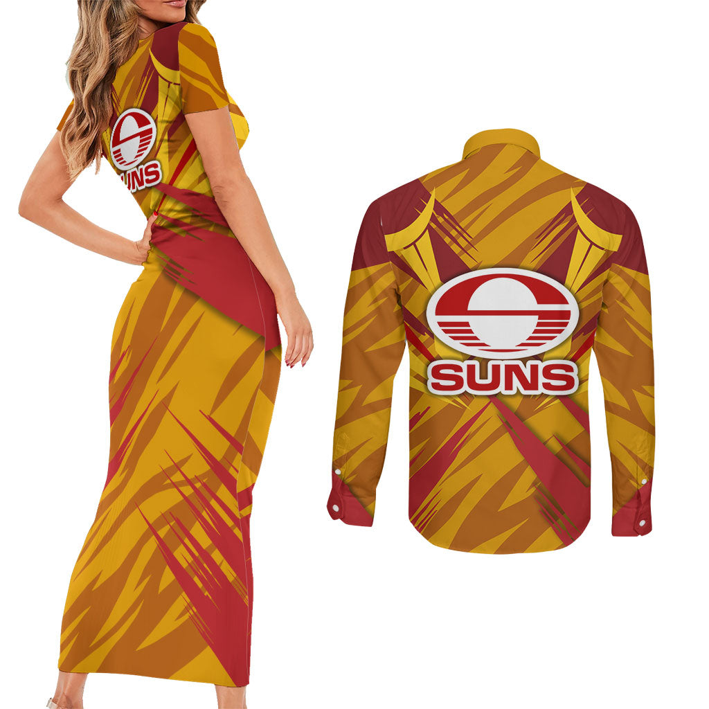 Gold Coast Suns Australian Football Couples Matching Short Sleeve Bodycon Dress and Long Sleeve Button Shirt Heroic Solar Mascot - Bold Team Colors