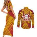 Gold Coast Suns Australian Football Couples Matching Short Sleeve Bodycon Dress and Long Sleeve Button Shirt Heroic Solar Mascot - Bold Team Colors