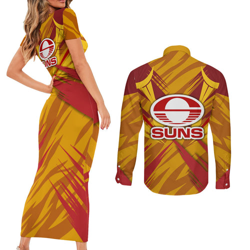 Gold Coast Suns Australian Football Couples Matching Short Sleeve Bodycon Dress and Long Sleeve Button Shirt Heroic Solar Mascot - Bold Team Colors