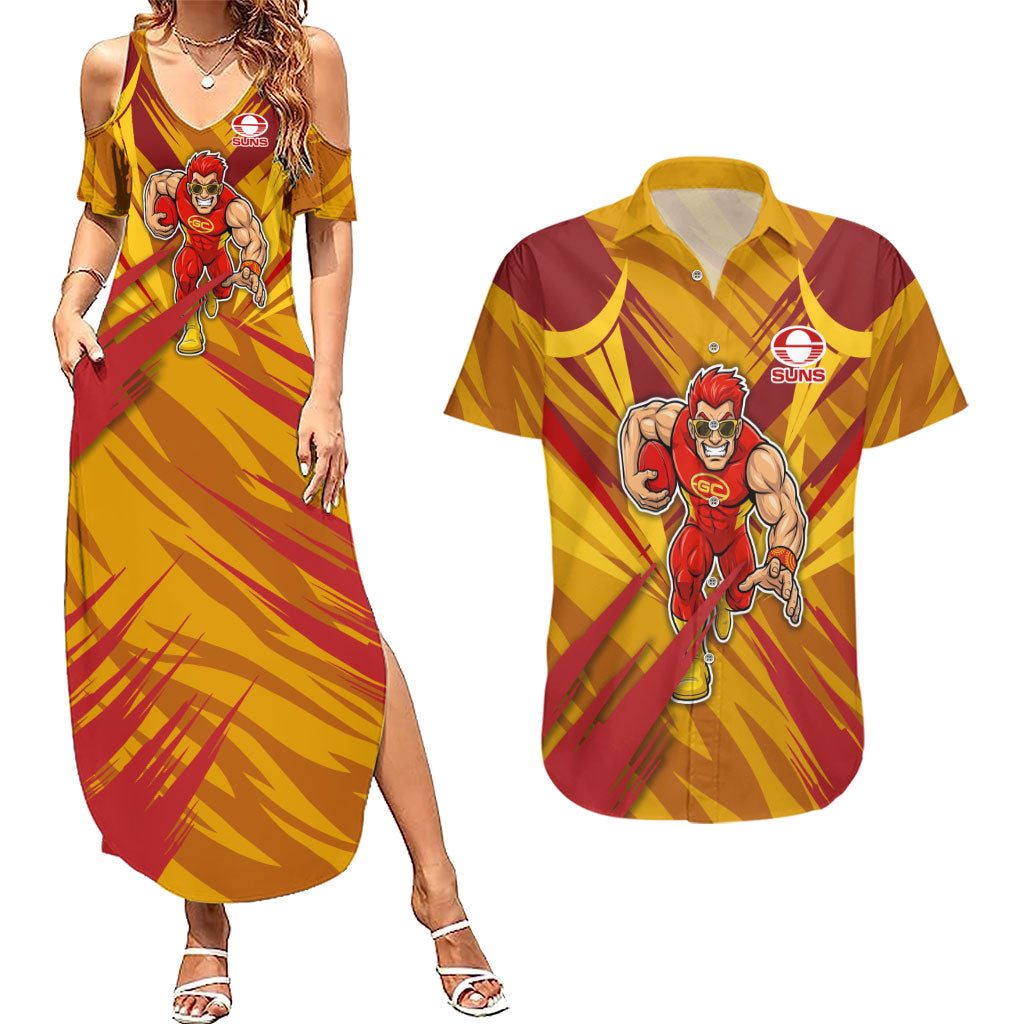 Gold Coast Suns Australian Football Couples Matching Summer Maxi Dress and Hawaiian Shirt Heroic Solar Mascot - Bold Team Colors