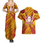 Gold Coast Suns Australian Football Couples Matching Summer Maxi Dress and Hawaiian Shirt Heroic Solar Mascot - Bold Team Colors