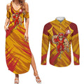 Gold Coast Suns Australian Football Couples Matching Summer Maxi Dress and Long Sleeve Button Shirt Heroic Solar Mascot - Bold Team Colors