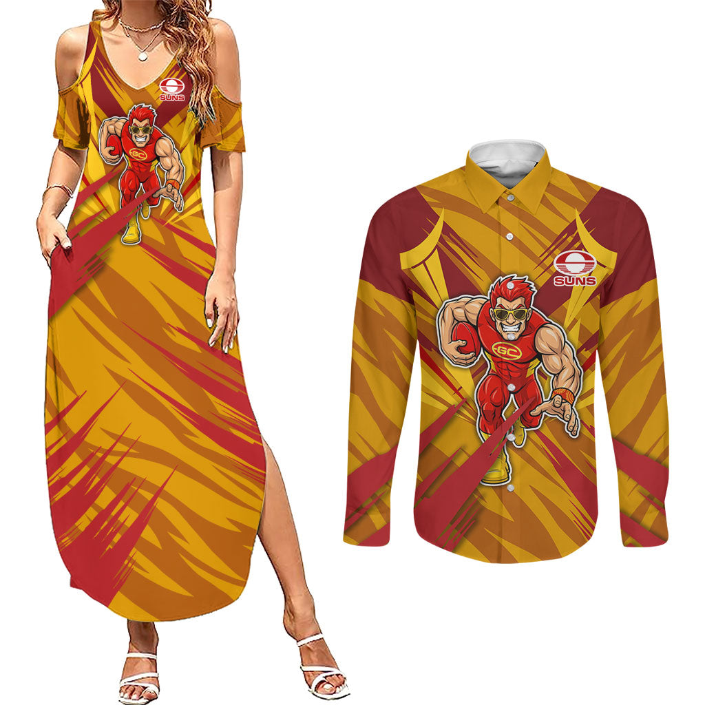 Gold Coast Suns Australian Football Couples Matching Summer Maxi Dress and Long Sleeve Button Shirt Heroic Solar Mascot - Bold Team Colors