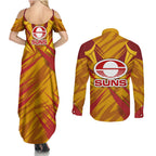 Gold Coast Suns Australian Football Couples Matching Summer Maxi Dress and Long Sleeve Button Shirt Heroic Solar Mascot - Bold Team Colors
