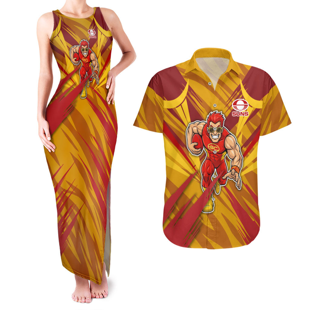 Gold Coast Suns Australian Football Couples Matching Tank Maxi Dress and Hawaiian Shirt Heroic Solar Mascot - Bold Team Colors
