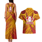 Gold Coast Suns Australian Football Couples Matching Tank Maxi Dress and Hawaiian Shirt Heroic Solar Mascot - Bold Team Colors