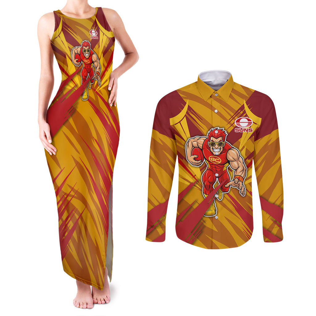 Gold Coast Suns Australian Football Couples Matching Tank Maxi Dress and Long Sleeve Button Shirt Heroic Solar Mascot - Bold Team Colors