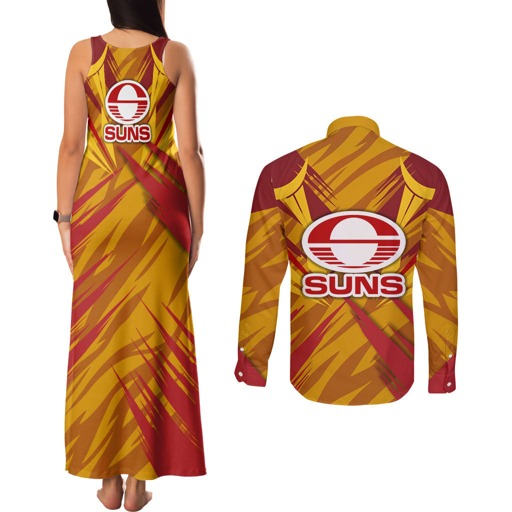 Gold Coast Suns Australian Football Couples Matching Tank Maxi Dress and Long Sleeve Button Shirt Heroic Solar Mascot - Bold Team Colors