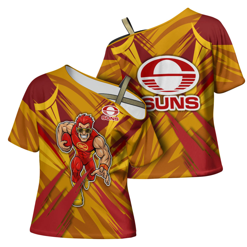 Gold Coast Suns Australian Football Cross Shoulder Shirt Heroic Solar Mascot - Bold Team Colors