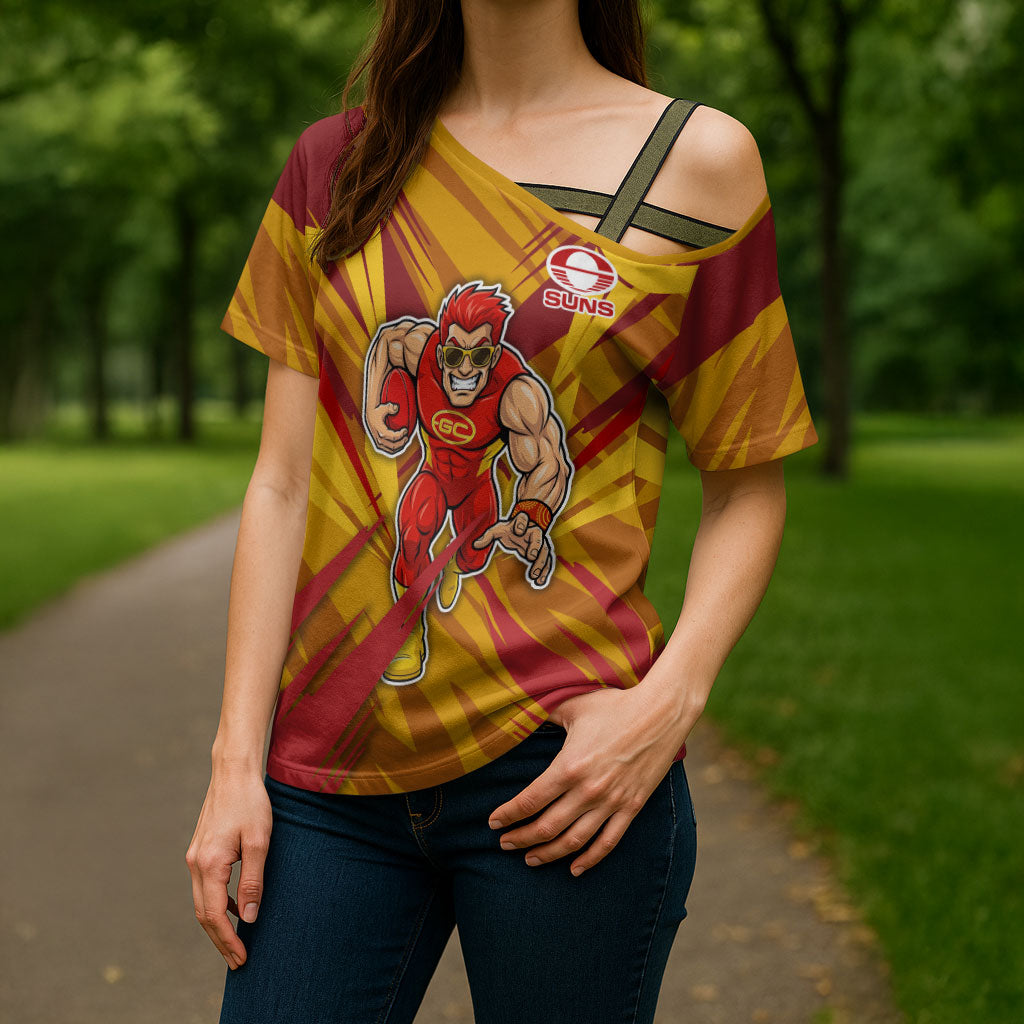 Gold Coast Suns Australian Football Cross Shoulder Shirt Heroic Solar Mascot - Bold Team Colors