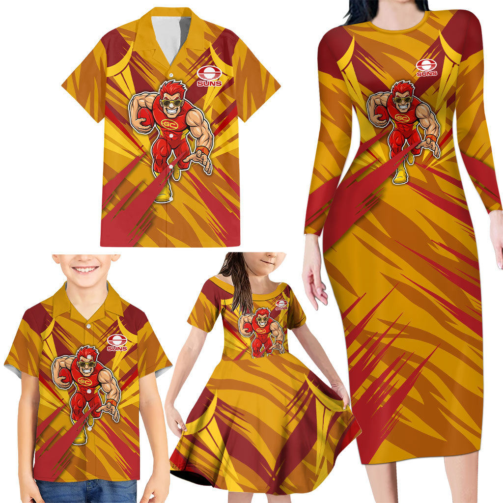 Gold Coast Suns Australian Football Family Matching Long Sleeve Bodycon Dress and Hawaiian Shirt Heroic Solar Mascot - Bold Team Colors