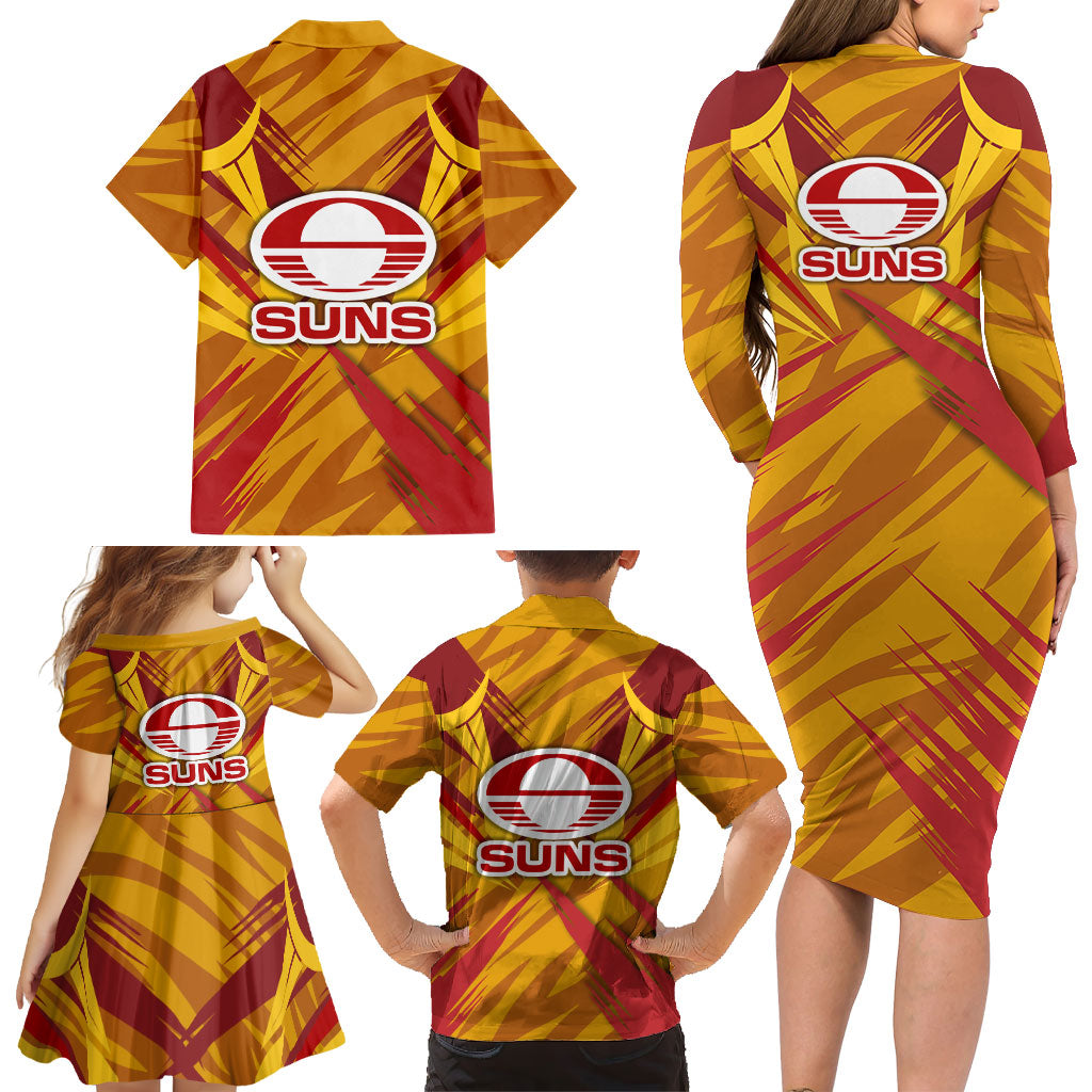 Gold Coast Suns Australian Football Family Matching Long Sleeve Bodycon Dress and Hawaiian Shirt Heroic Solar Mascot - Bold Team Colors