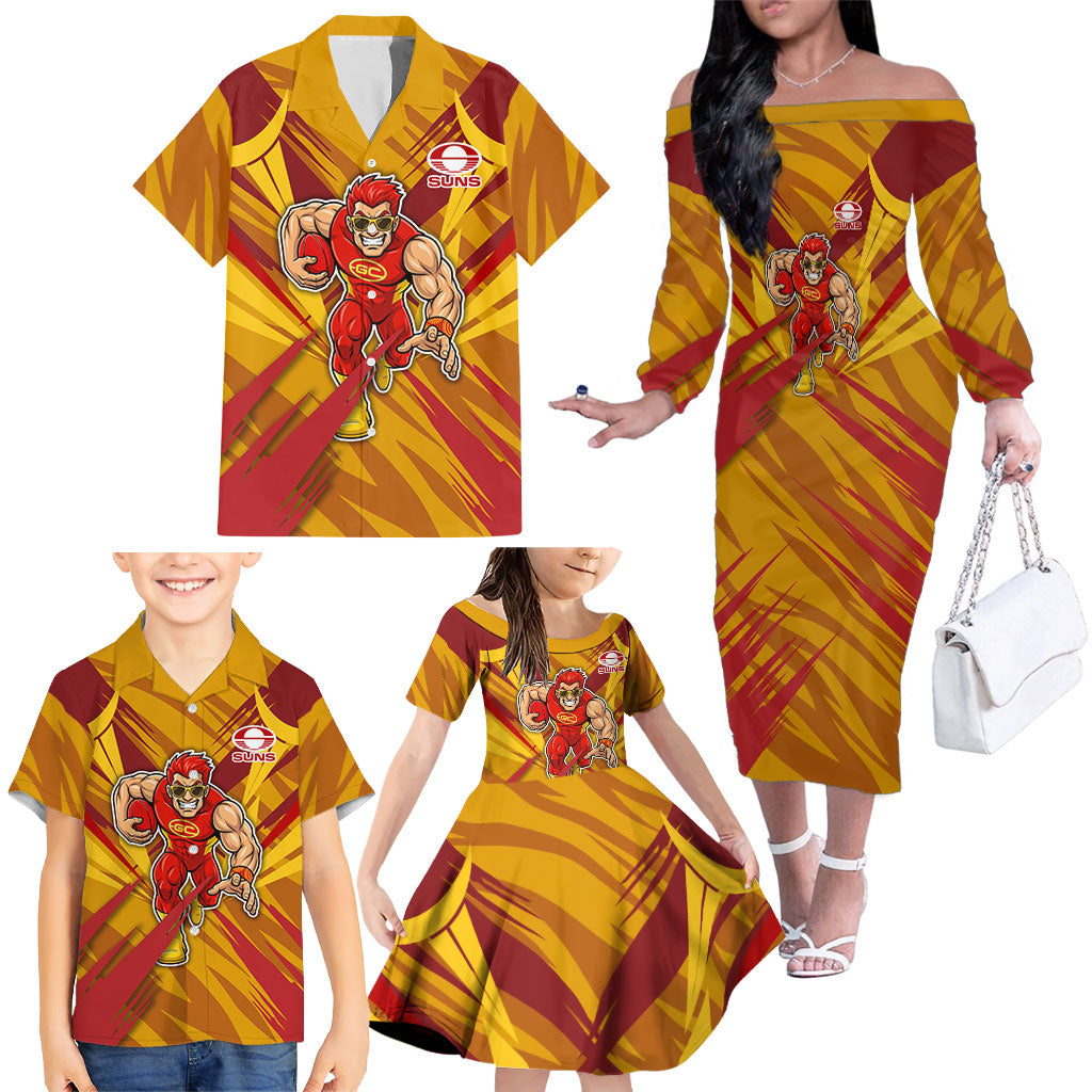 Gold Coast Suns Australian Football Family Matching Off The Shoulder Long Sleeve Dress and Hawaiian Shirt Heroic Solar Mascot - Bold Team Colors