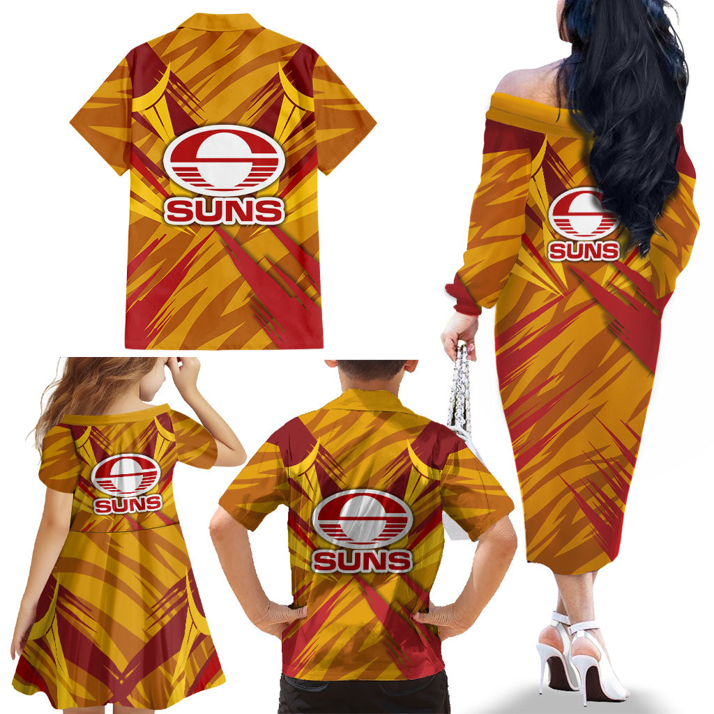 Gold Coast Suns Australian Football Family Matching Off The Shoulder Long Sleeve Dress and Hawaiian Shirt Heroic Solar Mascot - Bold Team Colors
