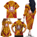 Gold Coast Suns Australian Football Family Matching Off The Shoulder Long Sleeve Dress and Hawaiian Shirt Heroic Solar Mascot - Bold Team Colors