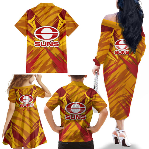 Gold Coast Suns Australian Football Family Matching Off The Shoulder Long Sleeve Dress and Hawaiian Shirt Heroic Solar Mascot - Bold Team Colors