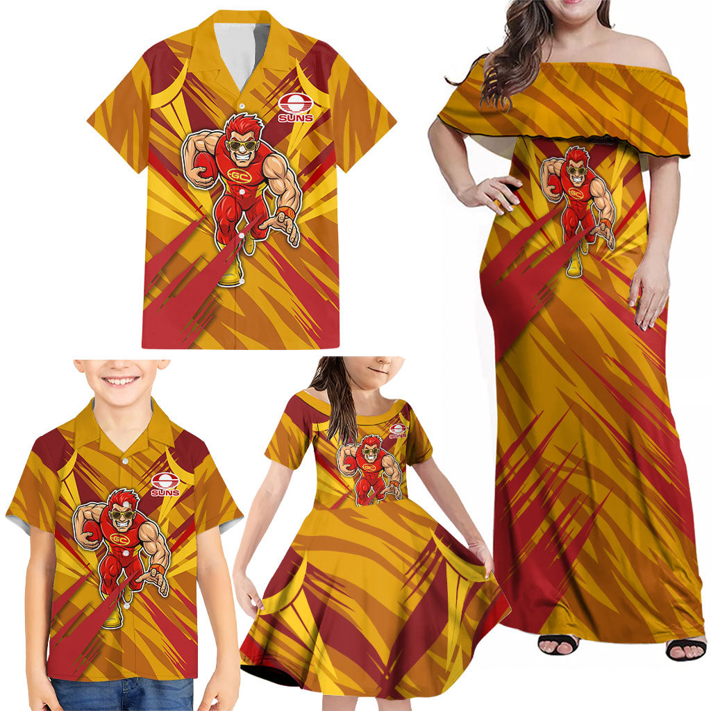 Gold Coast Suns Australian Football Family Matching Off Shoulder Maxi Dress and Hawaiian Shirt Heroic Solar Mascot - Bold Team Colors