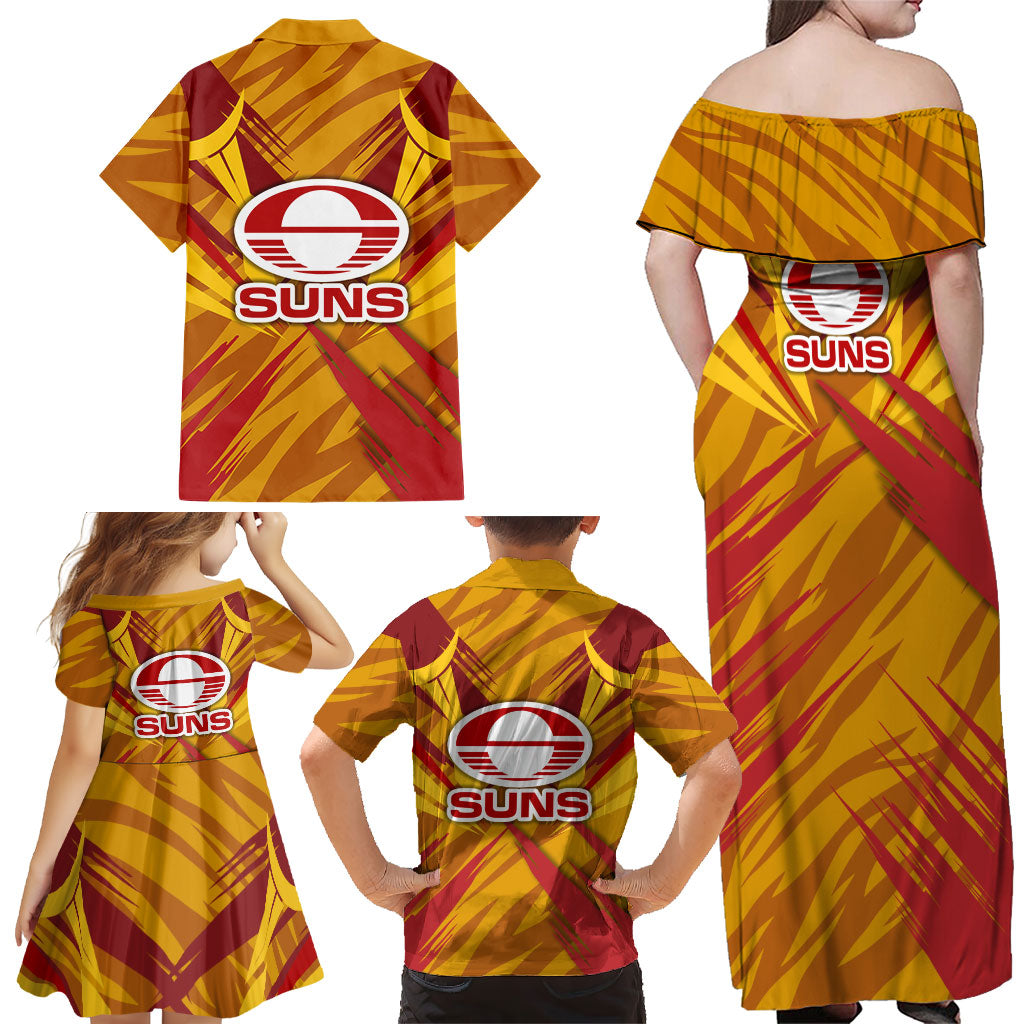 Gold Coast Suns Australian Football Family Matching Off Shoulder Maxi Dress and Hawaiian Shirt Heroic Solar Mascot - Bold Team Colors
