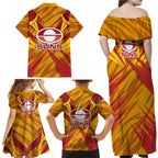 Gold Coast Suns Australian Football Family Matching Off Shoulder Maxi Dress and Hawaiian Shirt Heroic Solar Mascot - Bold Team Colors
