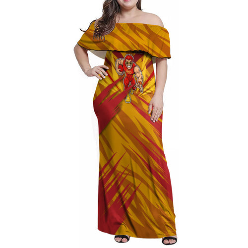 Gold Coast Suns Australian Football Family Matching Off Shoulder Maxi Dress and Hawaiian Shirt Heroic Solar Mascot - Bold Team Colors