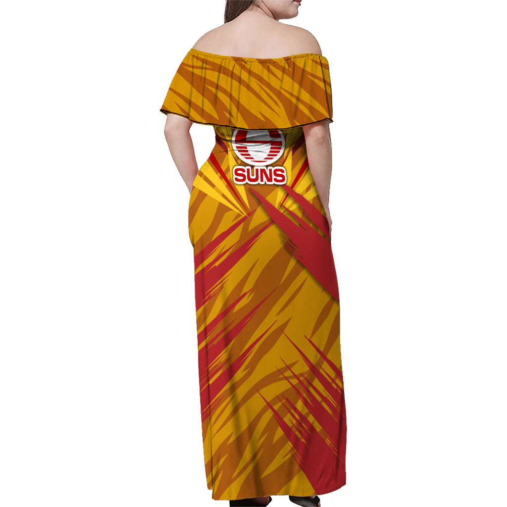 Gold Coast Suns Australian Football Family Matching Off Shoulder Maxi Dress and Hawaiian Shirt Heroic Solar Mascot - Bold Team Colors
