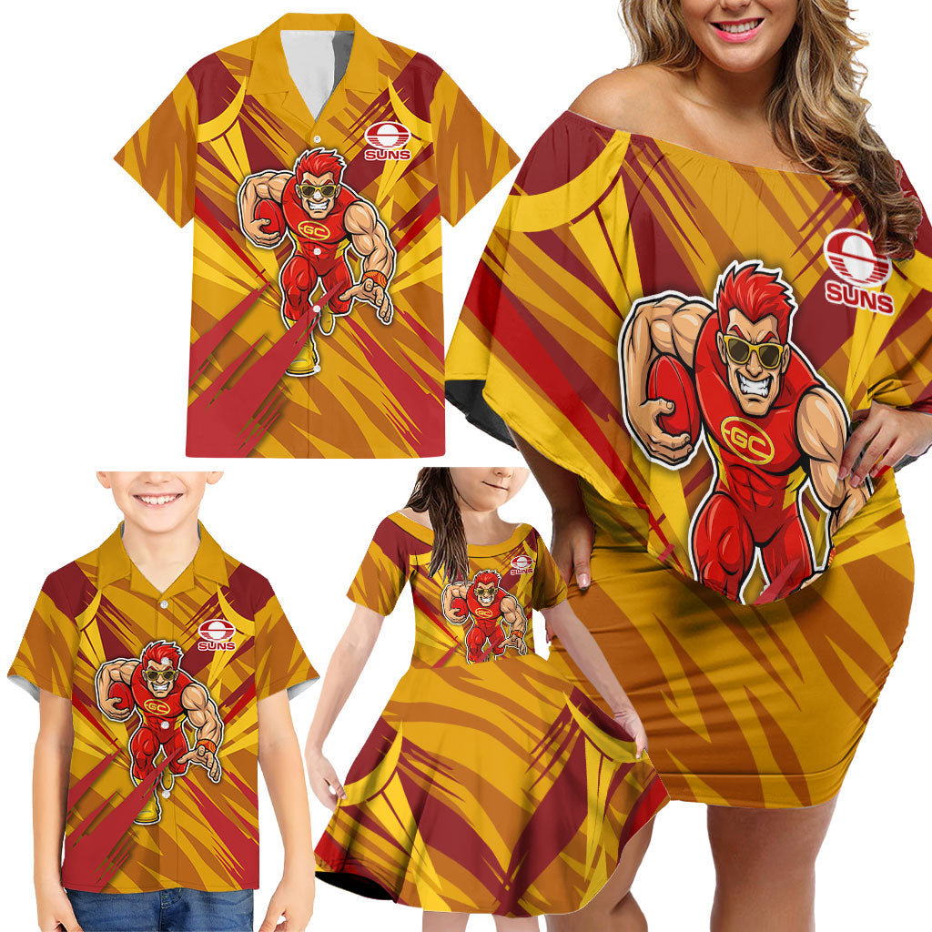 Gold Coast Suns Australian Football Family Matching Off Shoulder Short Dress and Hawaiian Shirt Heroic Solar Mascot - Bold Team Colors