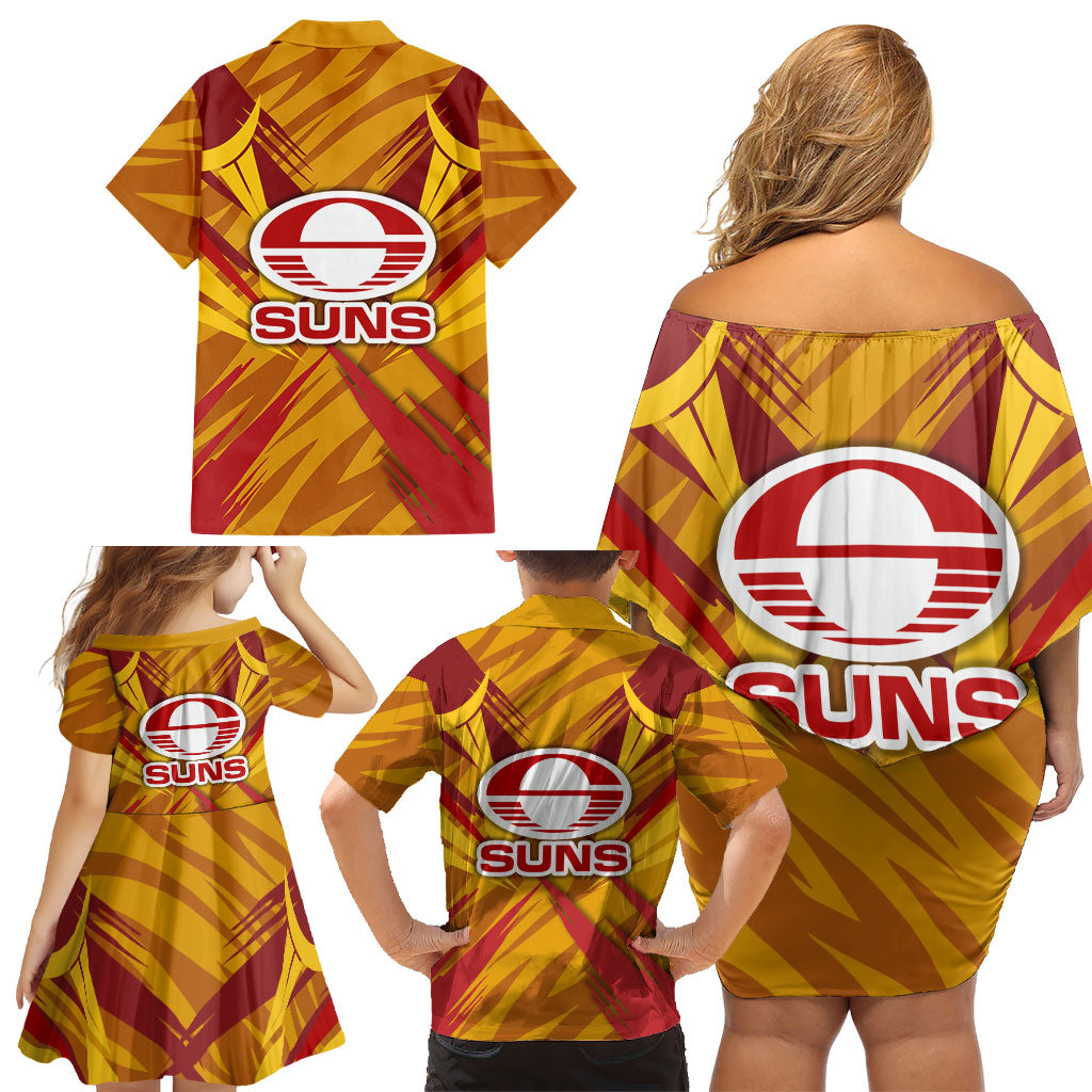 Gold Coast Suns Australian Football Family Matching Off Shoulder Short Dress and Hawaiian Shirt Heroic Solar Mascot - Bold Team Colors