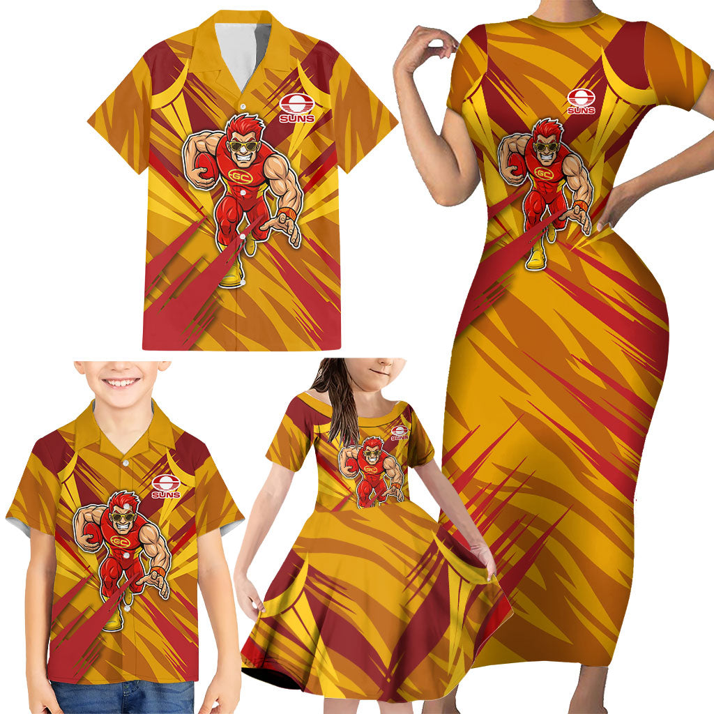 Gold Coast Suns Australian Football Family Matching Short Sleeve Bodycon Dress and Hawaiian Shirt Heroic Solar Mascot - Bold Team Colors