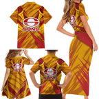 Gold Coast Suns Australian Football Family Matching Short Sleeve Bodycon Dress and Hawaiian Shirt Heroic Solar Mascot - Bold Team Colors