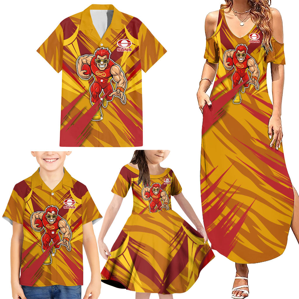 Gold Coast Suns Australian Football Family Matching Summer Maxi Dress and Hawaiian Shirt Heroic Solar Mascot - Bold Team Colors
